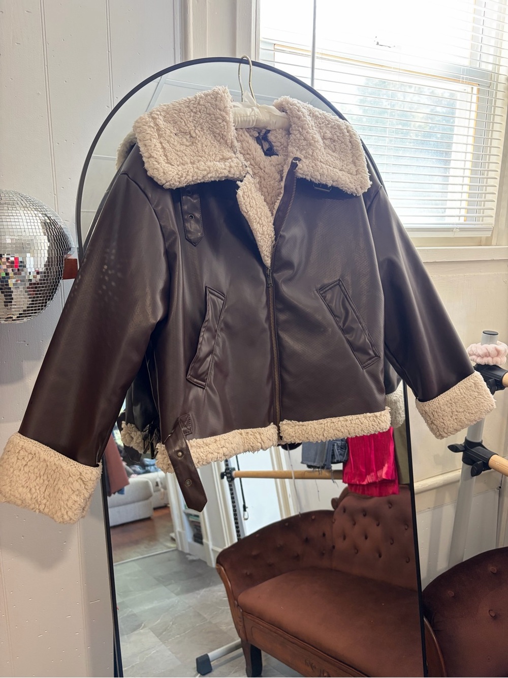 NWOT Brown Faux-Leather Sherpa Lined Jacket